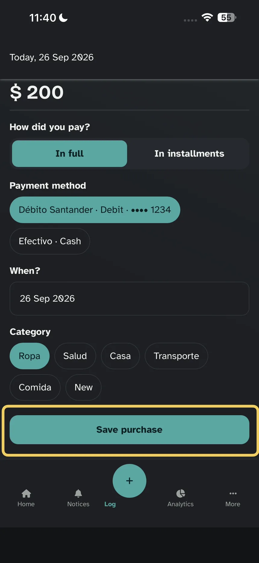 Rest of the form; emphasis on Save purchase