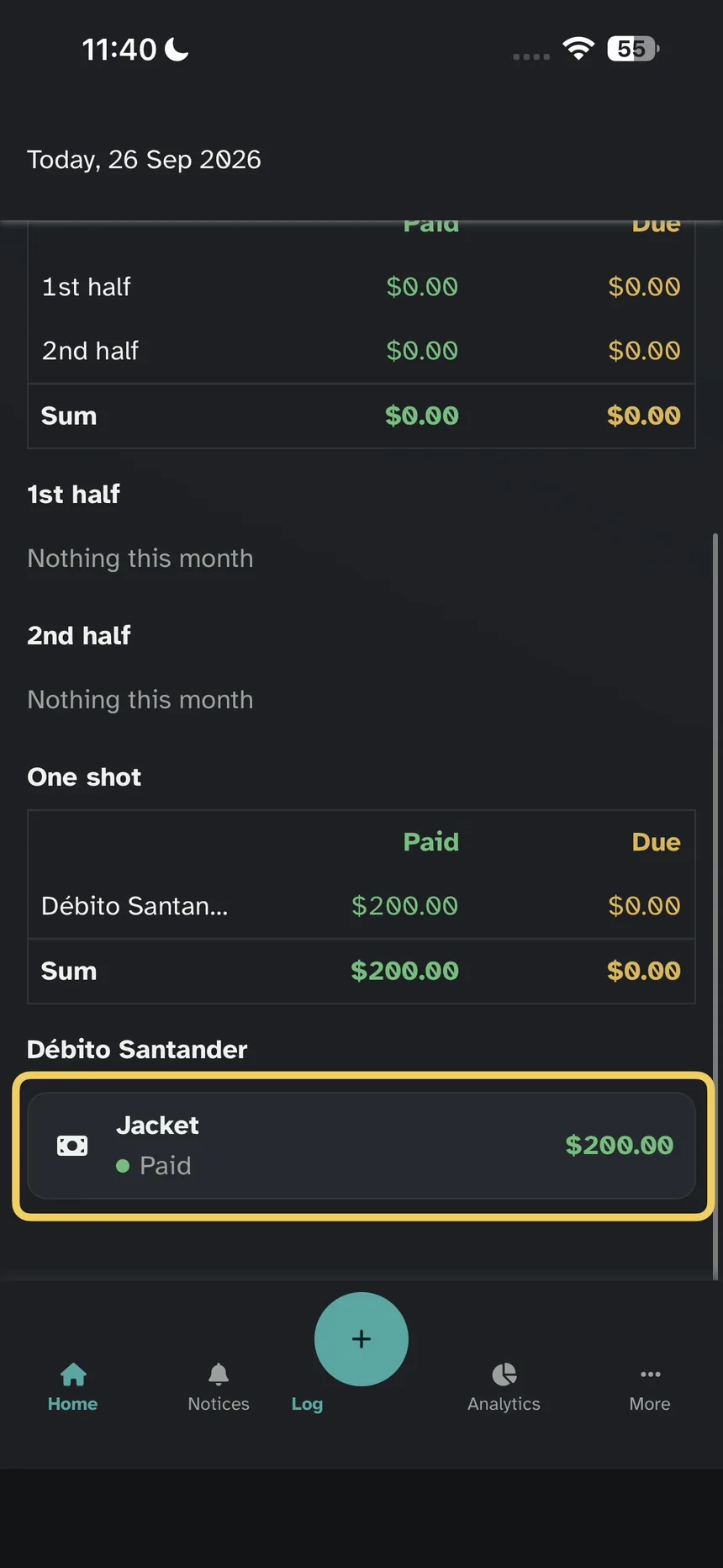 Débito Santander; emphasis on the purchase
