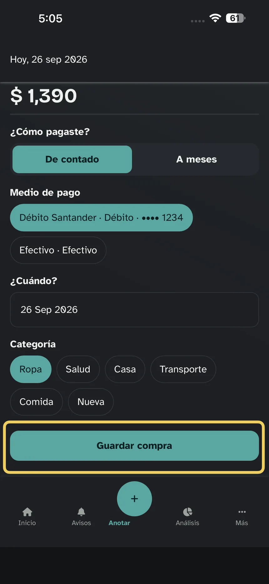 Resto del formulario; énfasis en Guardar compra
