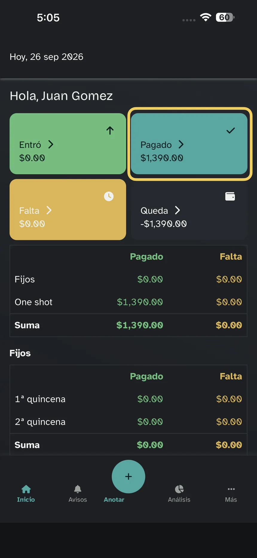 Inicio; énfasis en Pagado