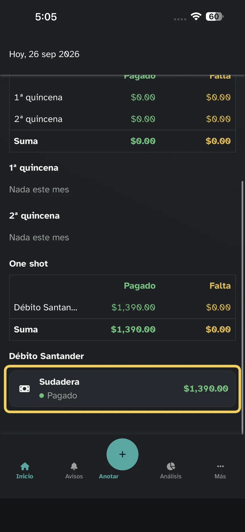 Débito Santander; énfasis en la compra