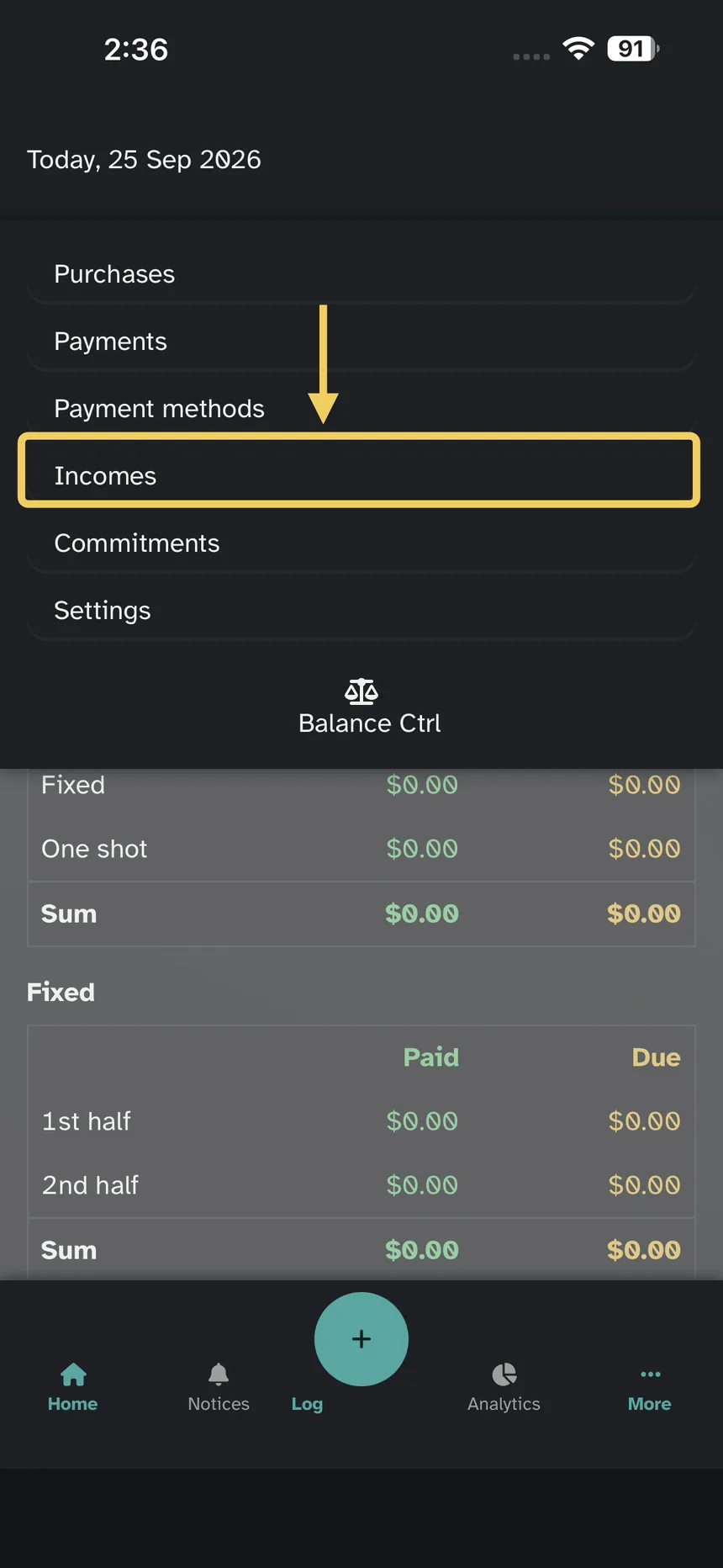 More menu; emphasis on Incomes