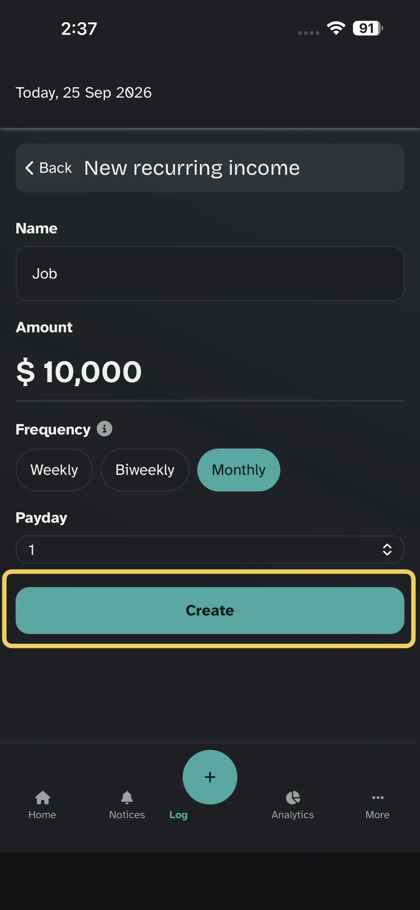 Filled form; emphasis on Create