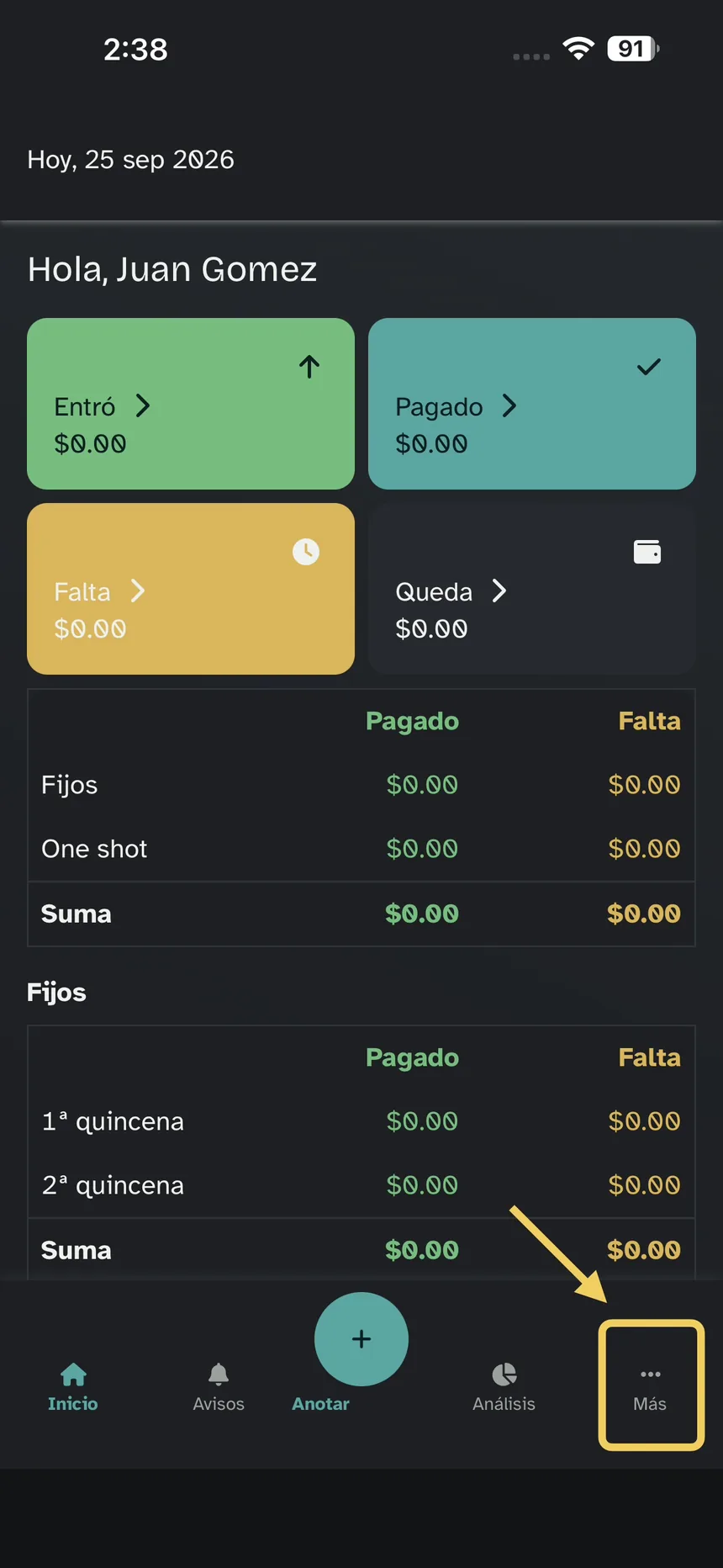 Inicio; énfasis en Más