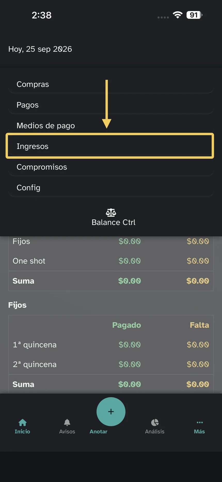 Menú Más; énfasis en Ingresos