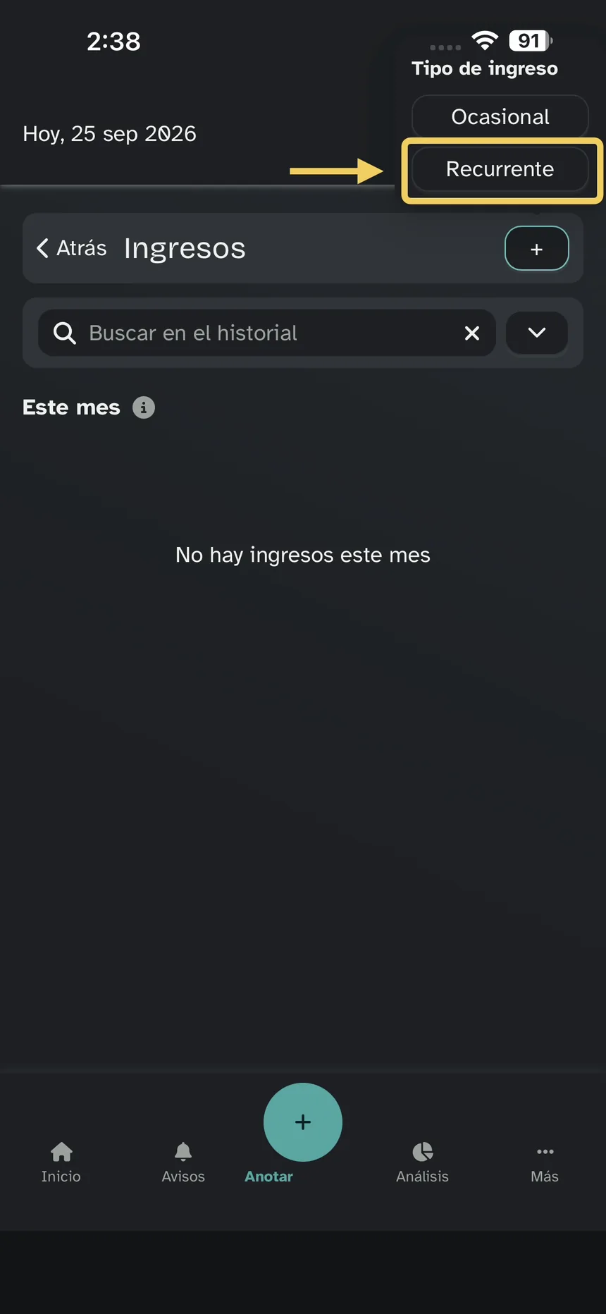 Tipo de ingreso; énfasis en Recurrente