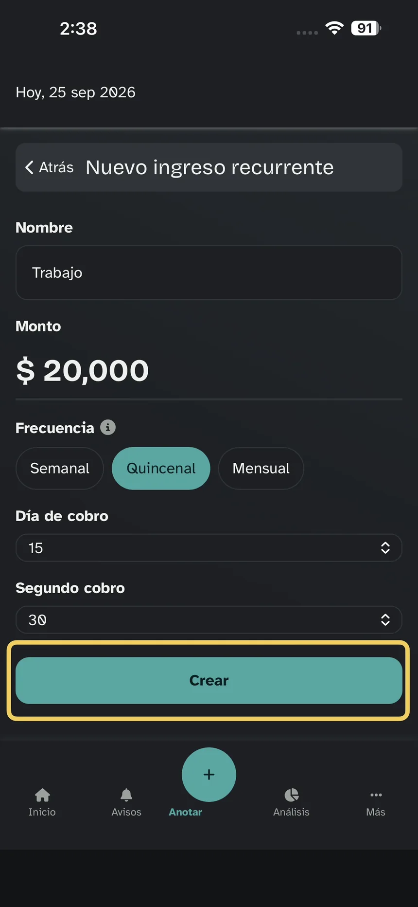 Formulario lleno; énfasis en Crear