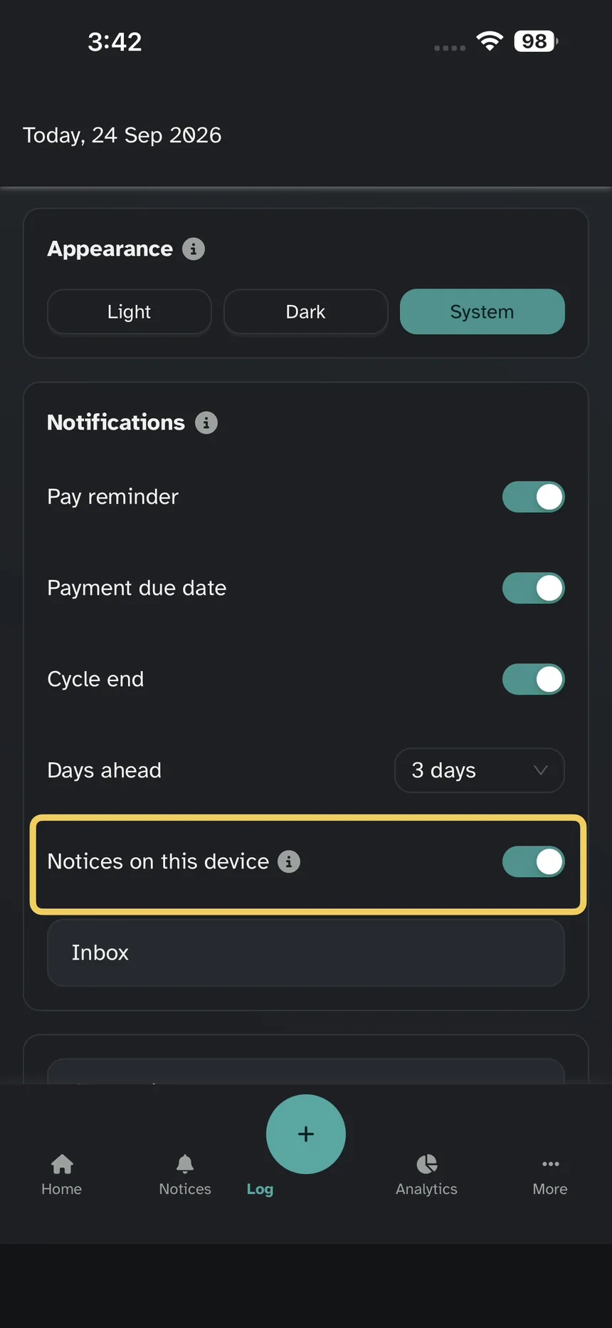 Config; recuadro en Avisos en este dispositivo, ya encendido